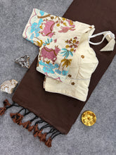 Brown Handloom Cotoon Saree With Embrodry Work Stitched Blouse